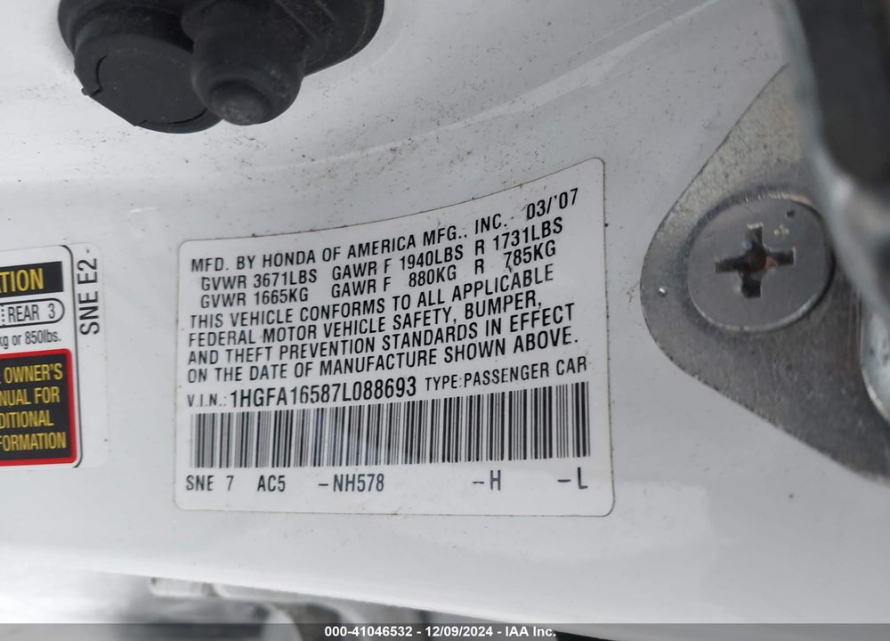 2007 HONDA CIVIC LX VIN: 1HGFA16587L088693