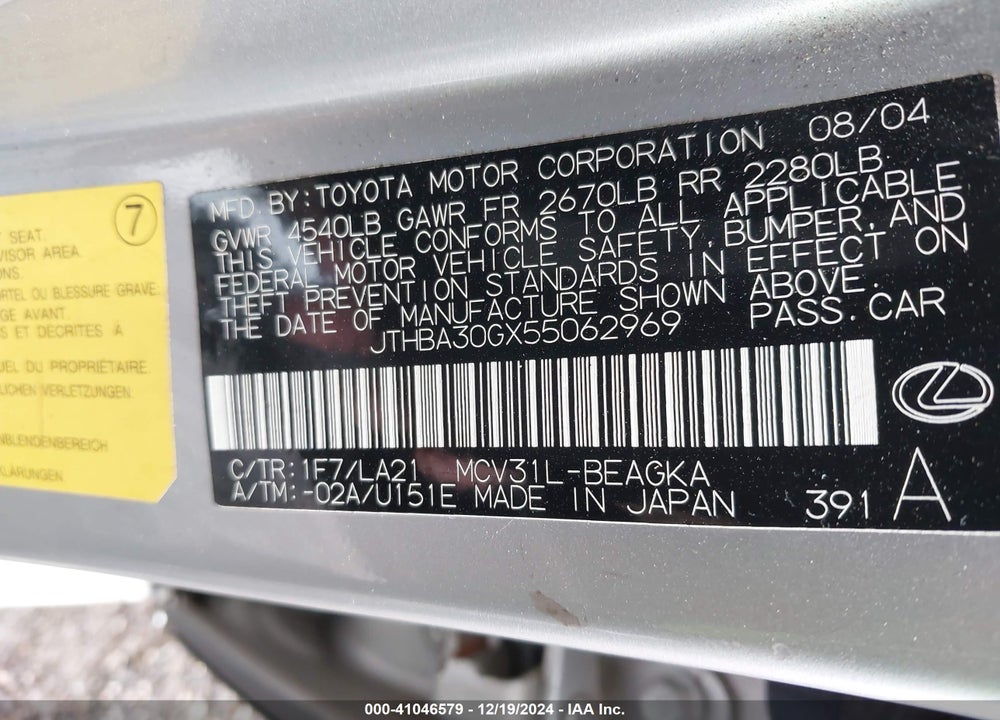 2005 LEXUS ES 330 VIN: JTHBA30GX55062969