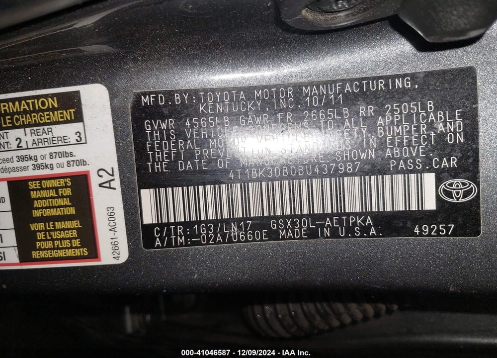 2011 TOYOTA AVALON LIMITED VIN: 4T1BK3DB0BU437987