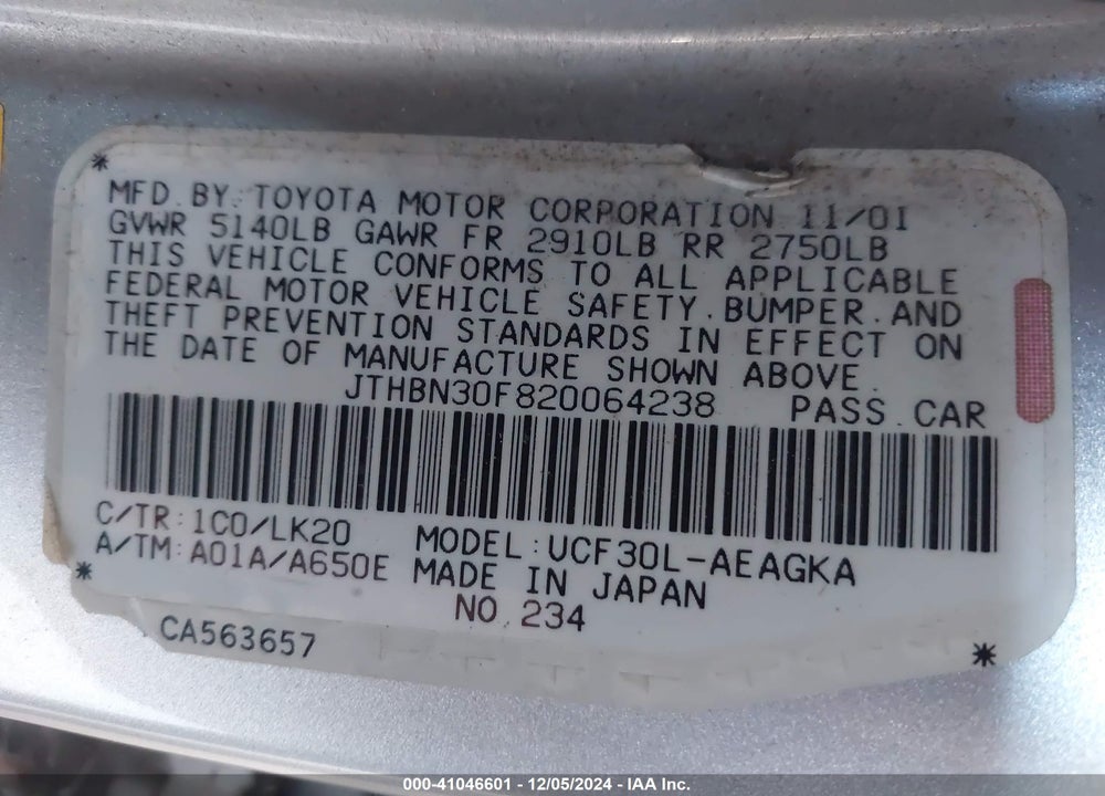 2002 LEXUS LS 430 VIN: JTHBN30F820064238