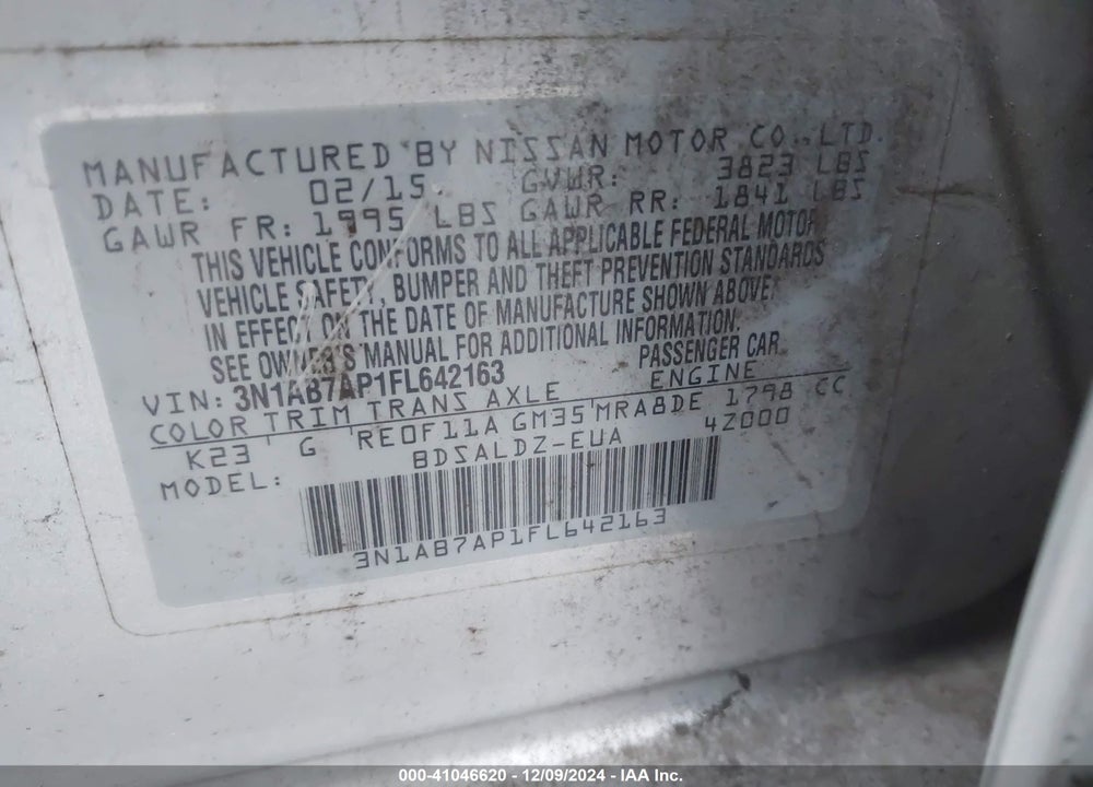 2015 NISSAN SENTRA SV VIN: 3N1AB7AP1FL642163
