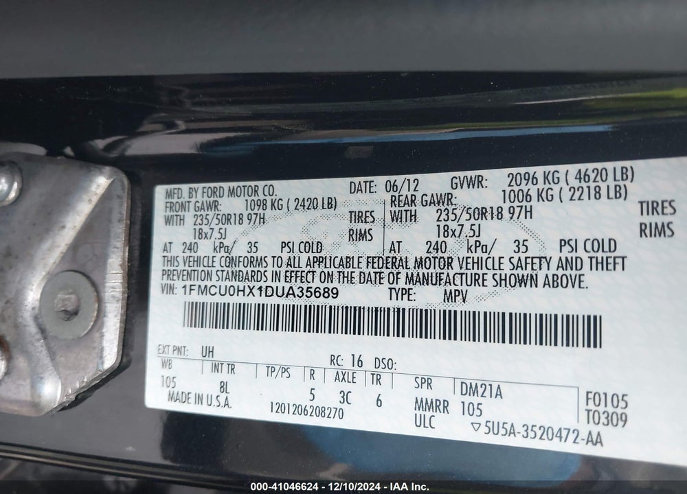 2013 FORD ESCAPE SEL VIN: 1FMCU0HX1DUA35689