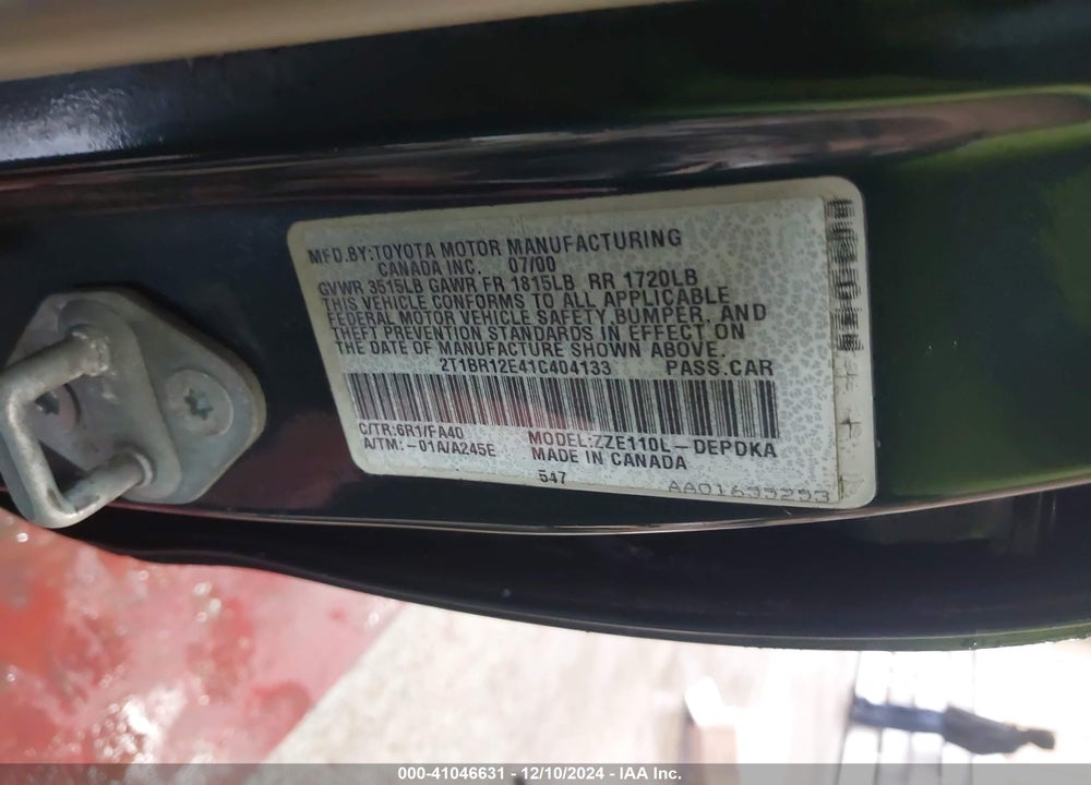 2001 TOYOTA COROLLA LE VIN: 2T1BR12E41C404133