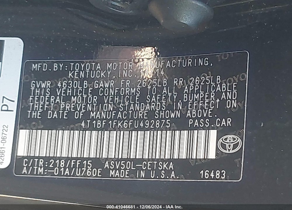 2015 TOYOTA CAMRY VIN: 4T1BF1FK6FU492875