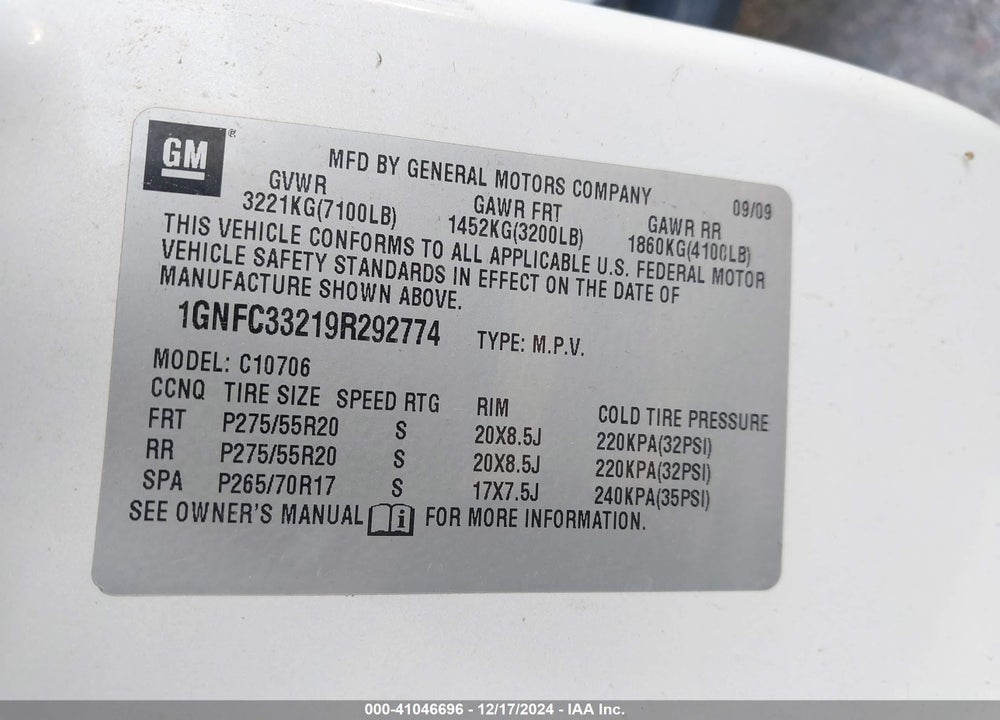 2009 CHEVROLET TAHOE LTZ VIN: 1GNFC33219R292774