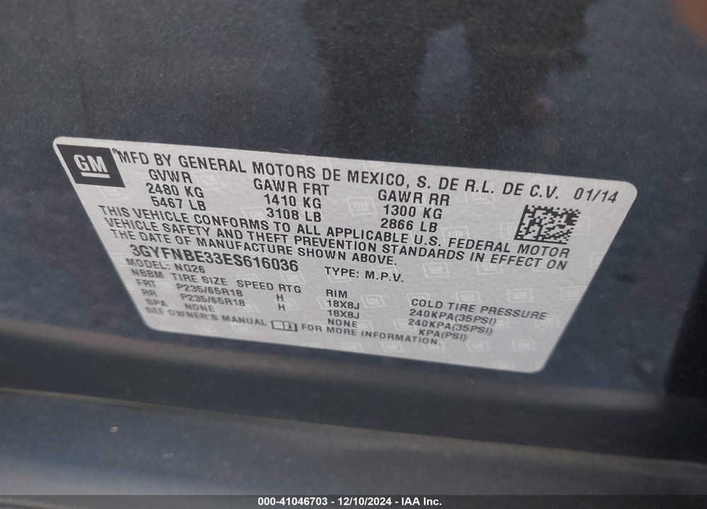 2014 CADILLAC SRX LUXURY COLLECTION VIN: 3GYFNBE33ES616036