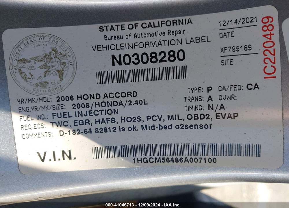2006 HONDA ACCORD 2.4 LX VIN: 1HGCM56486A007100