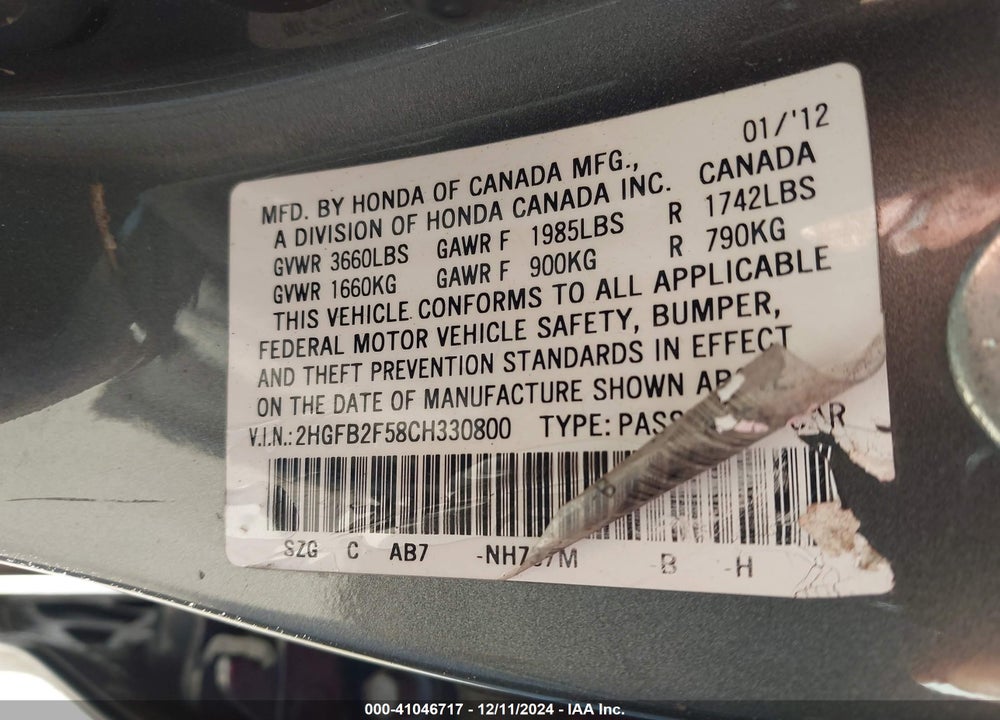 2012 HONDA CIVIC VIN: 2HGFB2F58CH330800
