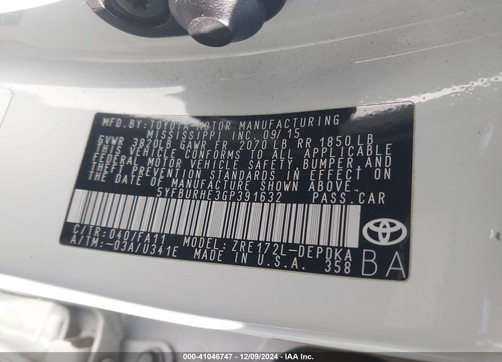2016 TOYOTA COROLLA L VIN: 5YFBURHE3GP391632