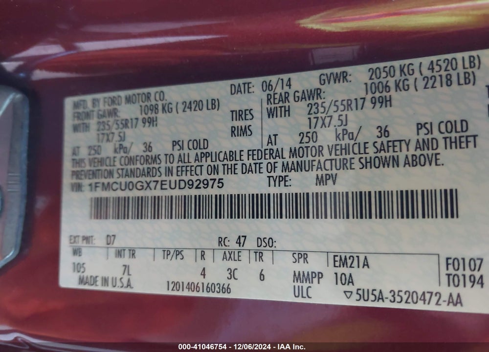 2014 FORD ESCAPE SE VIN: 1FMCU0GX7EUD92975