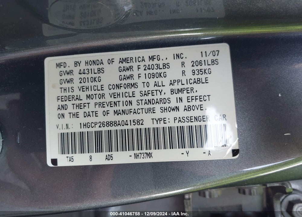 2008 HONDA ACCORD 2.4 EX-L VIN: 1HGCP26888A041582