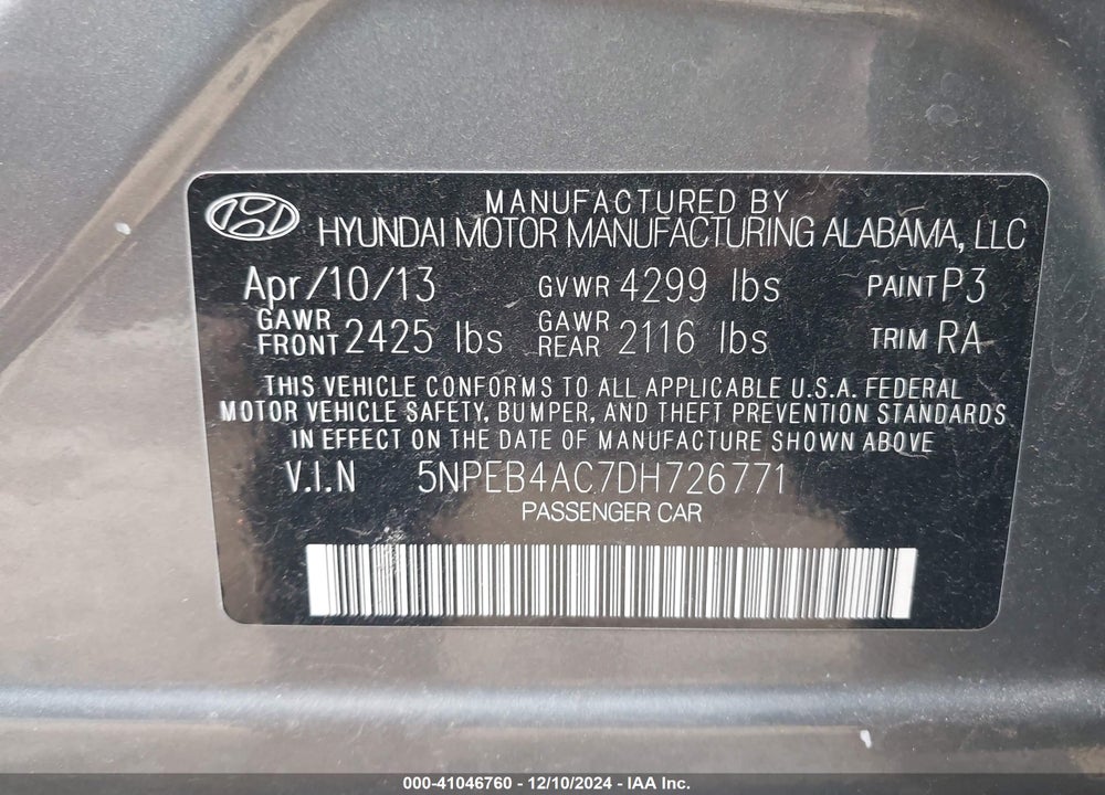 2013 HYUNDAI SONATA GLS VIN: 5NPEB4AC7DH726771