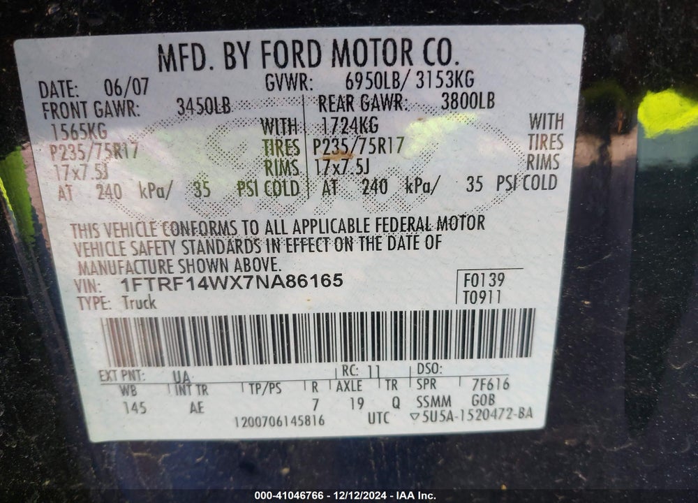 2007 FORD F-150 STX/XL/XLT VIN: 1FTRF14WX7NA86165