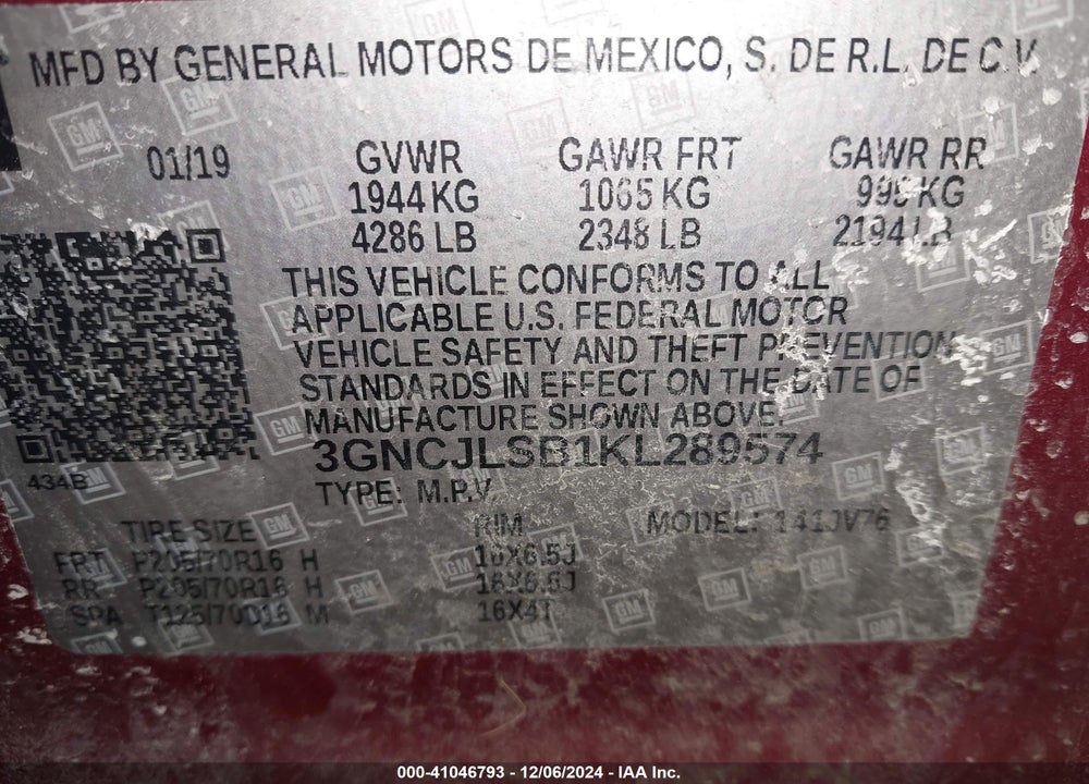 2019 CHEVROLET TRAX LT VIN: 3GNCJLSB1KL289574