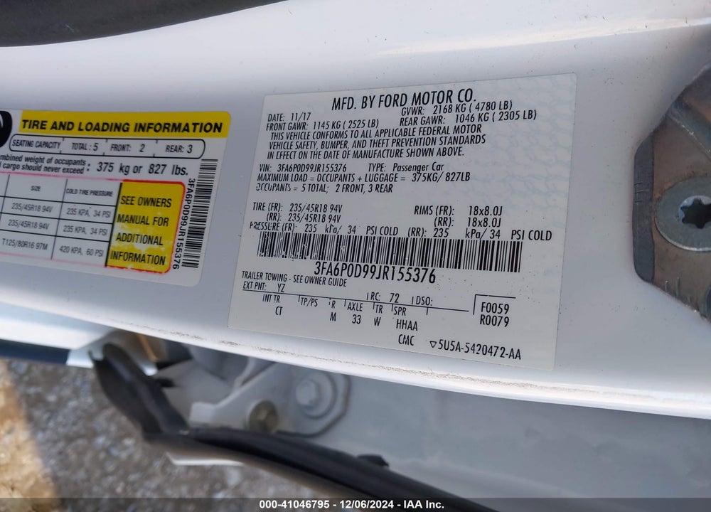 2018 FORD FUSION VIN: 3FA6P0D99JR155376