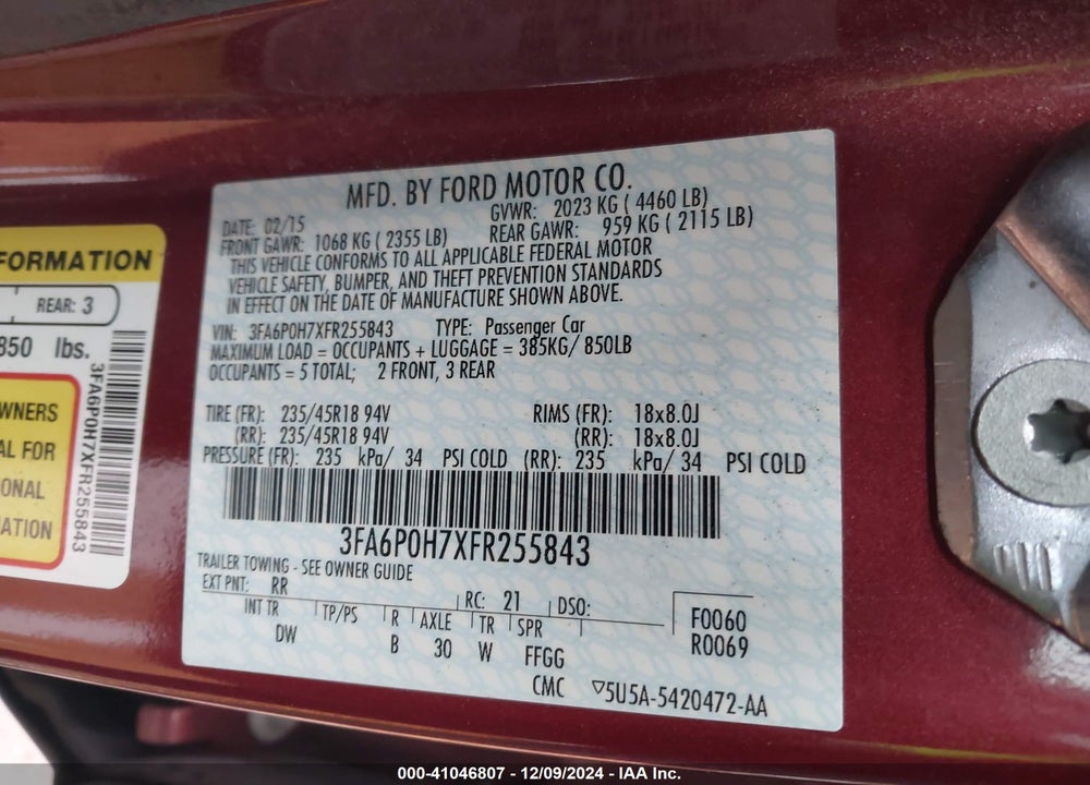 2015 FORD FUSION SE VIN: 3FA6P0H7XFR255843