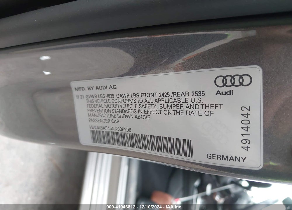 2022 AUDI A4 PREMIUM 40 TFSI QUATTRO S TRONIC VIN: WAUABAF45NN006298