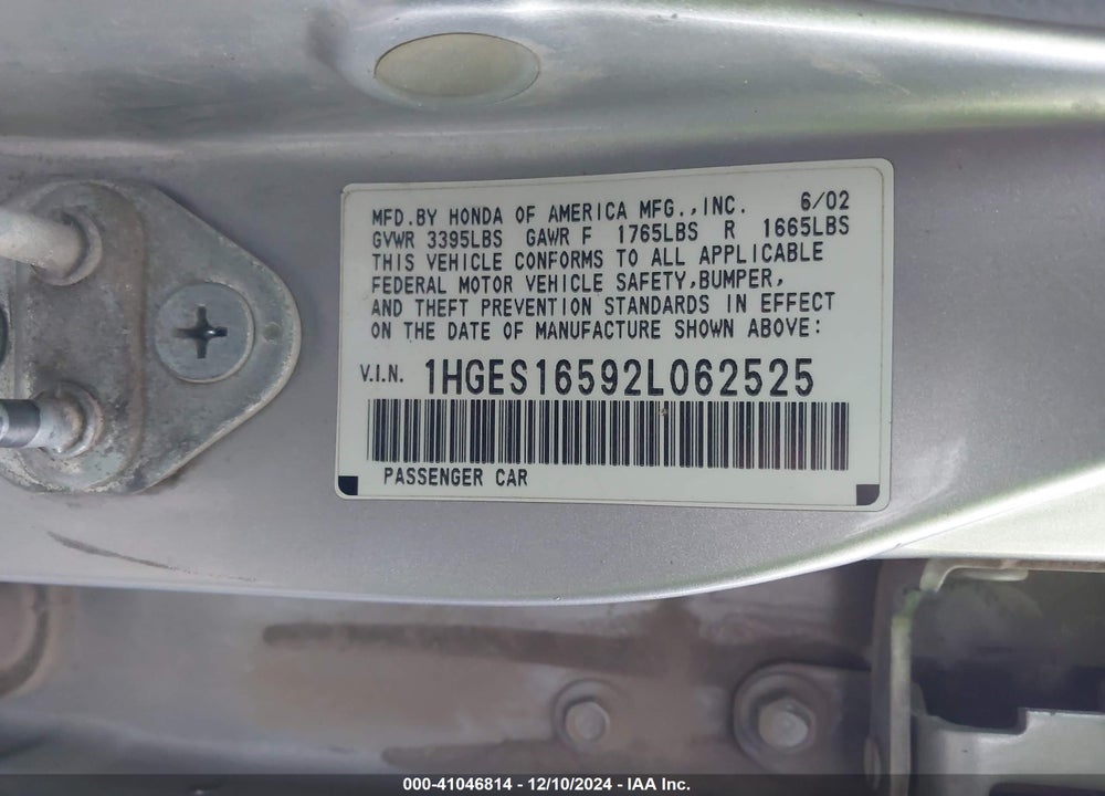 2002 HONDA CIVIC LX VIN: 1HGES16592L062525