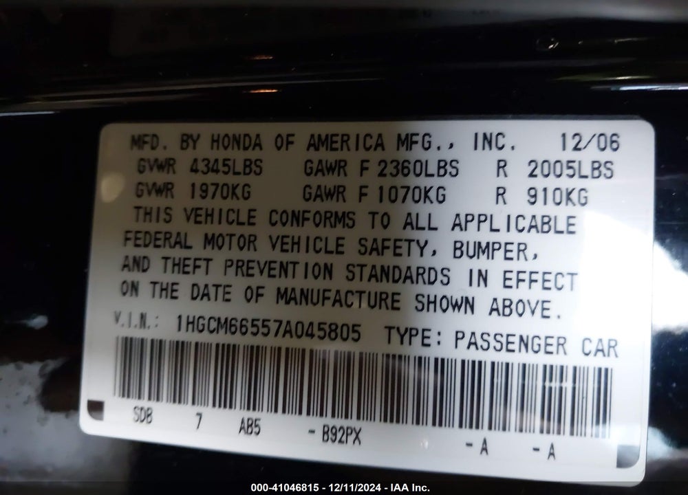 2007 HONDA ACCORD 3.0 EX VIN: 1HGCM66557A045805