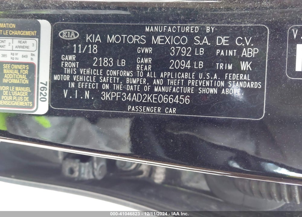 2019 KIA FORTE S VIN: 3KPF34AD2KE066456