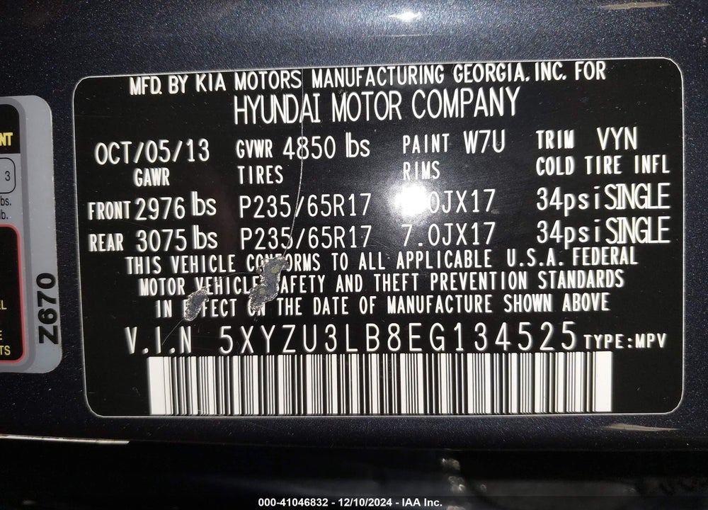 2014 HYUNDAI SANTA FE SPORT VIN: 5XYZU3LB8EG134525