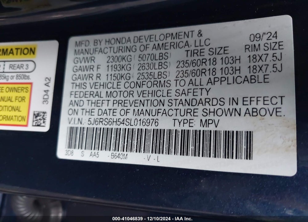 2025 HONDA CR-V HYBRID SPORT VIN: 5J6RS6H54SL016976