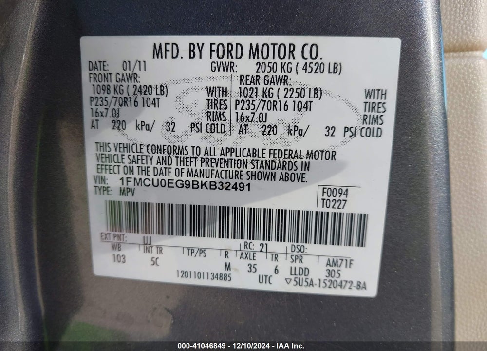 2011 FORD ESCAPE LIMITED VIN: 1FMCU0EG9BKB32491
