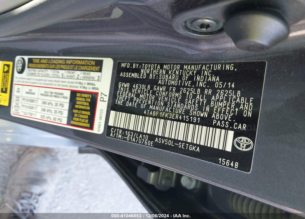 2014 TOYOTA CAMRY XLE VIN: 4T4BF1FK3ER415191