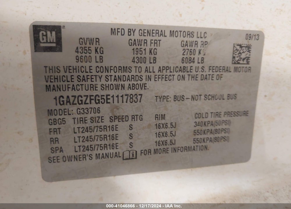 2014 CHEVROLET EXPRESS 3500 LS VIN: 1GAZGZFG5E1117837