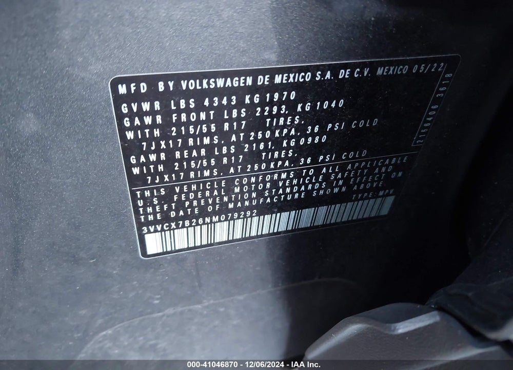 2022 VOLKSWAGEN TAOS 1.5T S VIN: 3VVCX7B26NM079292
