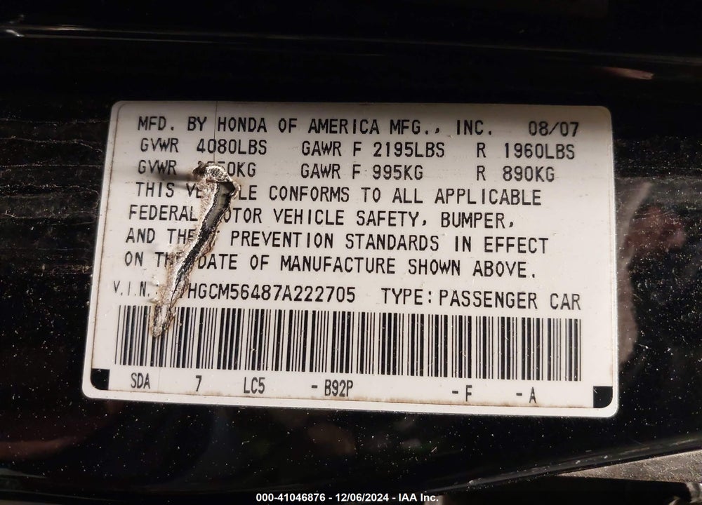 2007 HONDA ACCORD 2.4 LX VIN: 1HGCM56487A222705