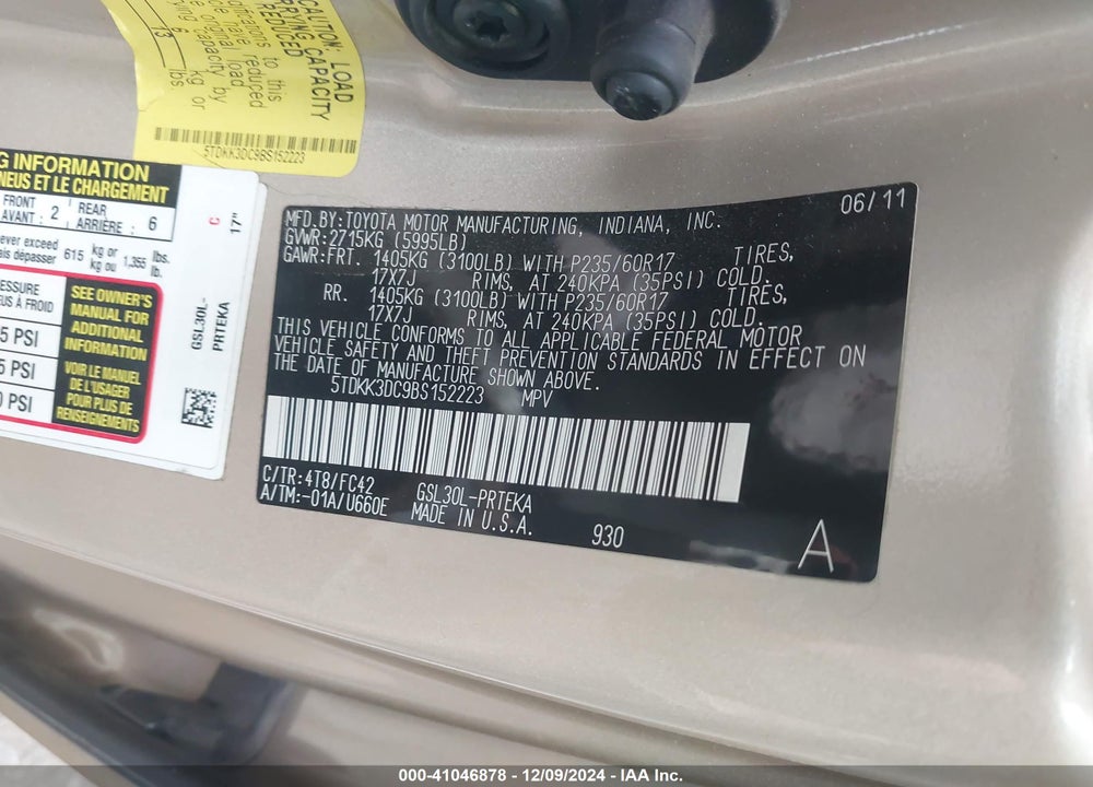 2011 TOYOTA SIENNA LE V6 VIN: 5TDKK3DC9BS152223