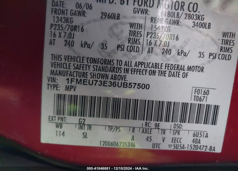 2006 FORD EXPLORER XLT VIN: 1FMEU73E36UB57500