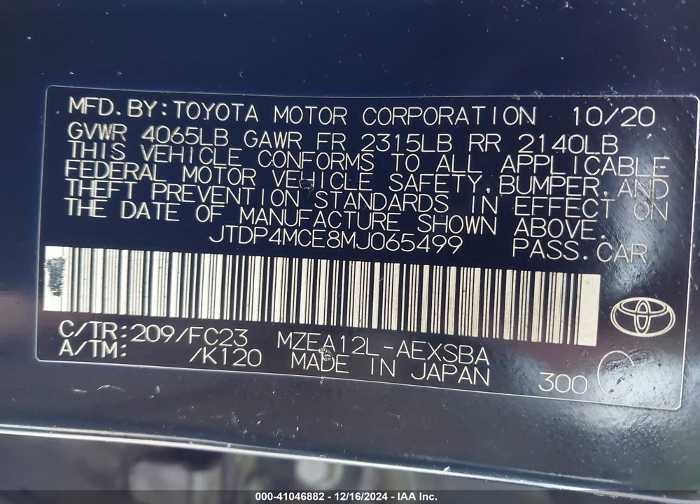 2021 TOYOTA COROLLA VIN: JTDP4MCE8MJ065499