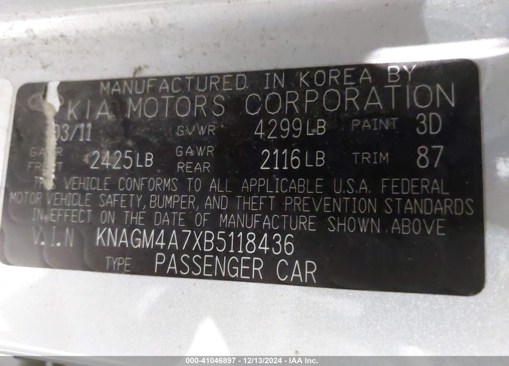 2011 KIA OPTIMA LX VIN: KNAGM4A7XB5118436