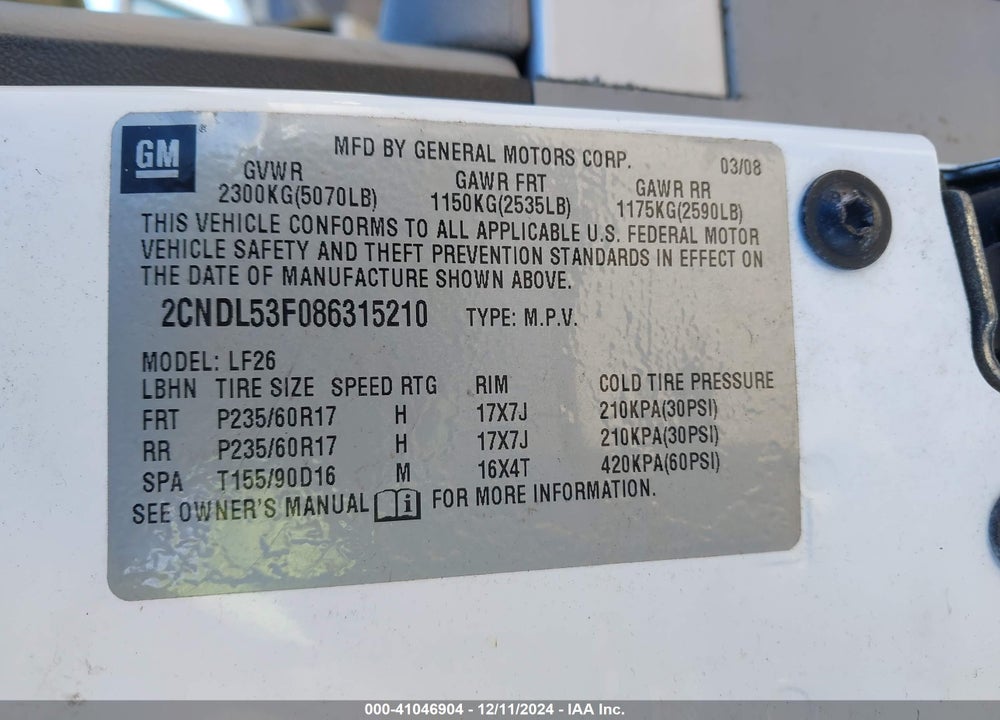 2008 CHEVROLET EQUINOX LT VIN: 2CNDL53F086315210