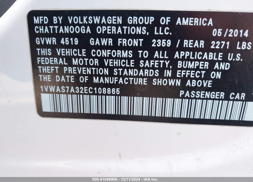 2014 VOLKSWAGEN PASSAT 1.8T S VIN: 1VWAS7A32EC108865