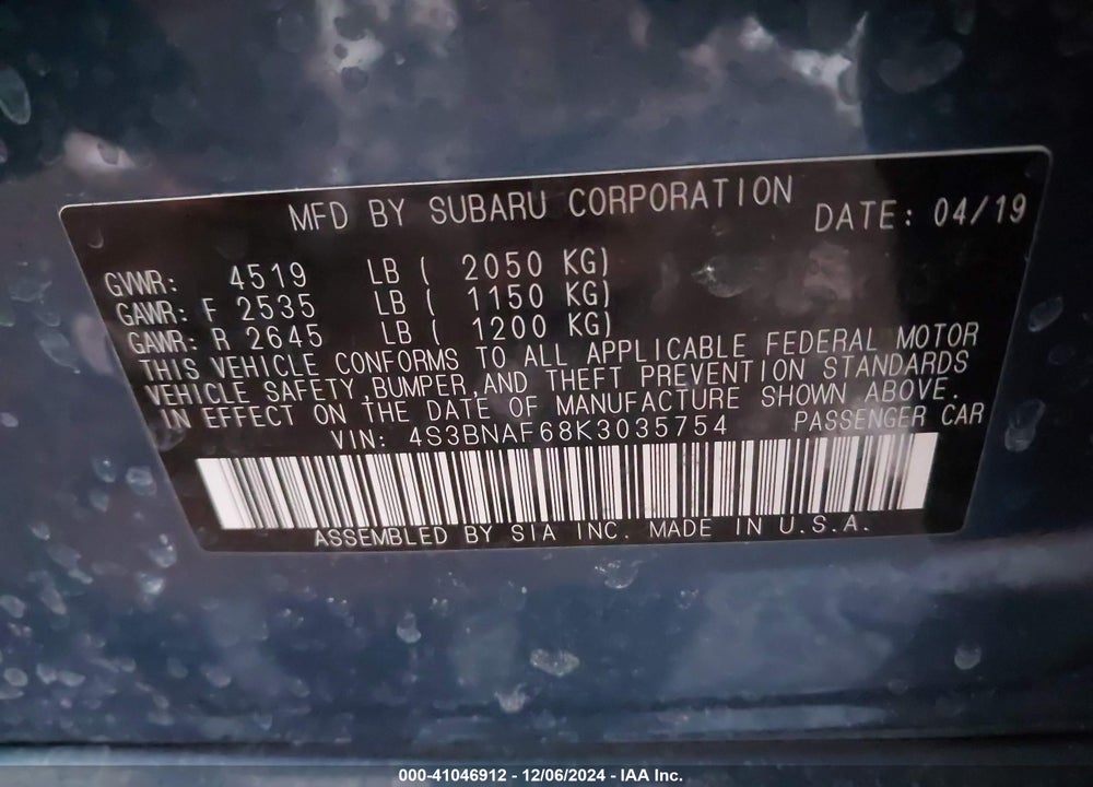 2019 SUBARU LEGACY VIN: 4S3BNAF68K3035754