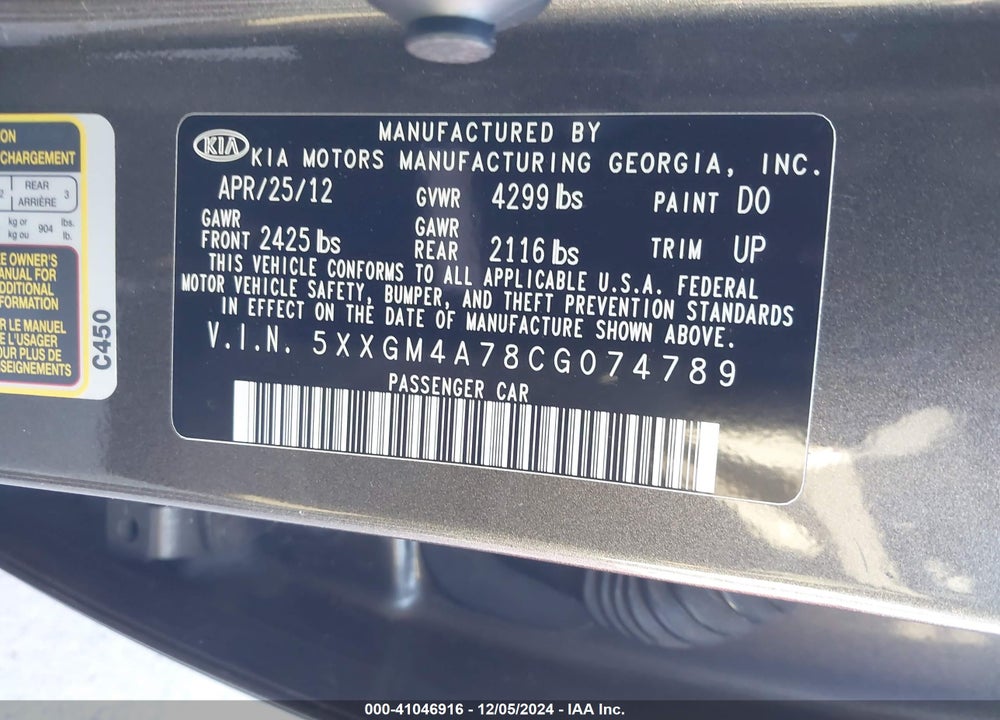 2012 KIA OPTIMA LX VIN: 5XXGM4A78CG074789