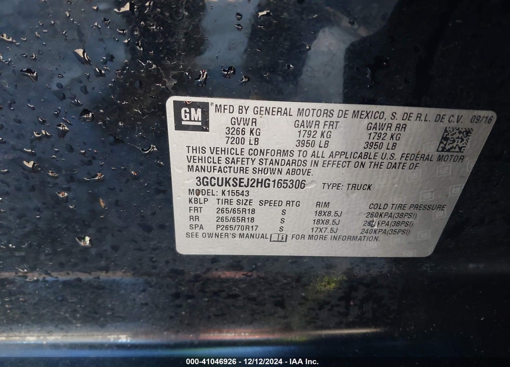 2017 CHEVROLET SILVERADO 1500 2LZ VIN: 3GCUKSEJ2HG165306
