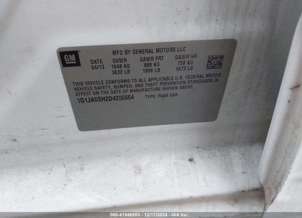 2013 CHEVROLET SONIC LS AUTO VIN: 1G1JA6SH2D4206564