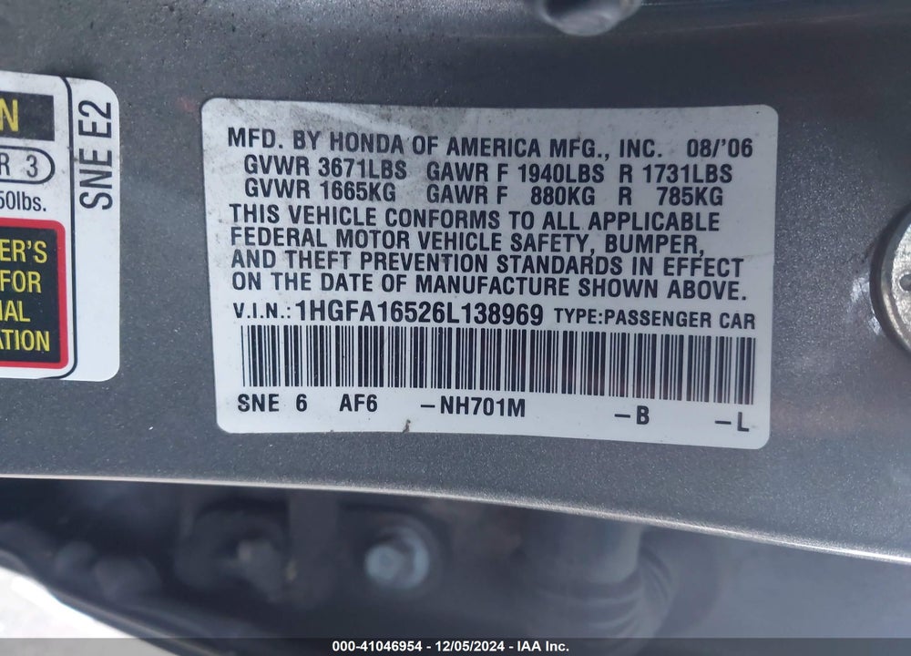 2006 HONDA CIVIC LX VIN: 1HGFA16526L138969