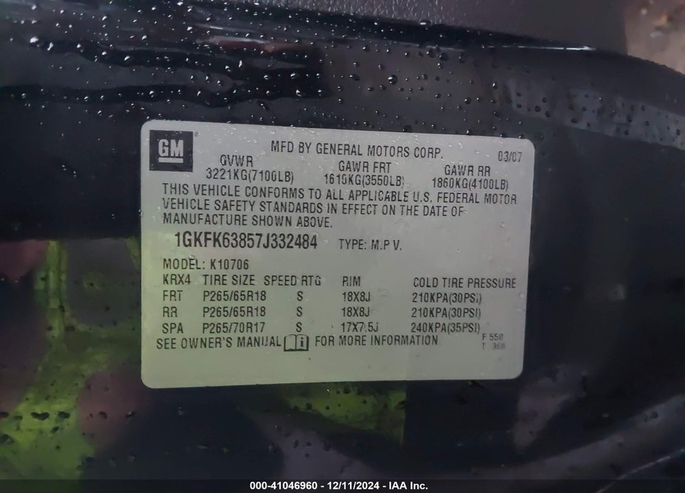 2007 GMC YUKON DENALI VIN: 1GKFK63857J332484