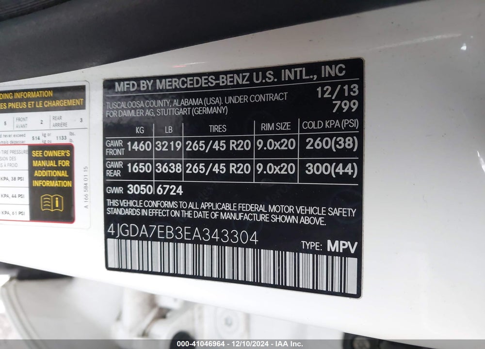 2014 MERCEDES-BENZ ML 63 AMG 4MATIC VIN: 4JGDA7EB3EA343304