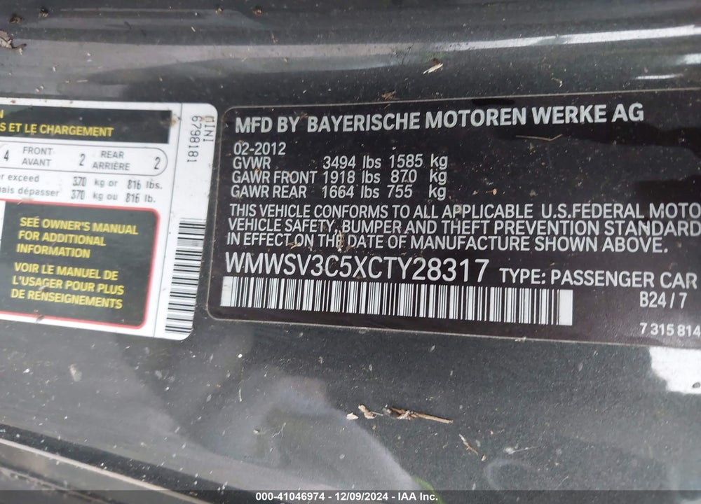 2012 MINI COOPER S VIN: WMWSV3C5XCTY28317