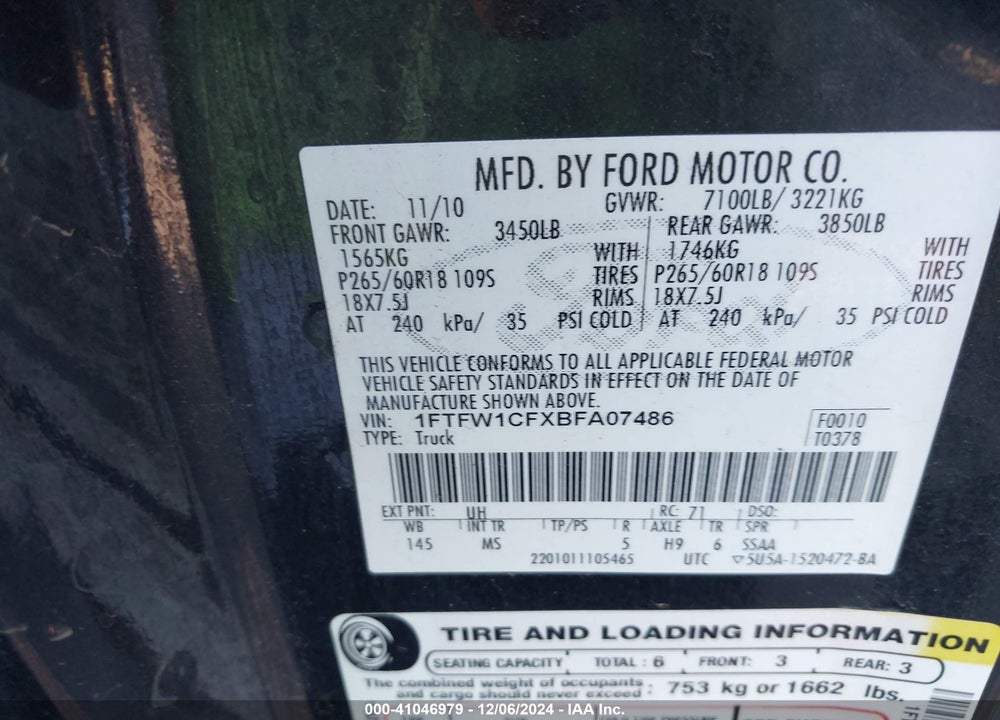 2011 FORD F-150 XLT VIN: 1FTFW1CFXBFA07486