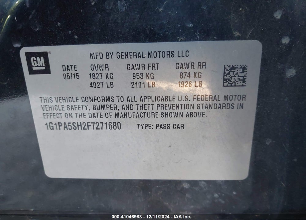 2015 CHEVROLET CRUZE LS AUTO VIN: 1G1PA5SH2F7271680