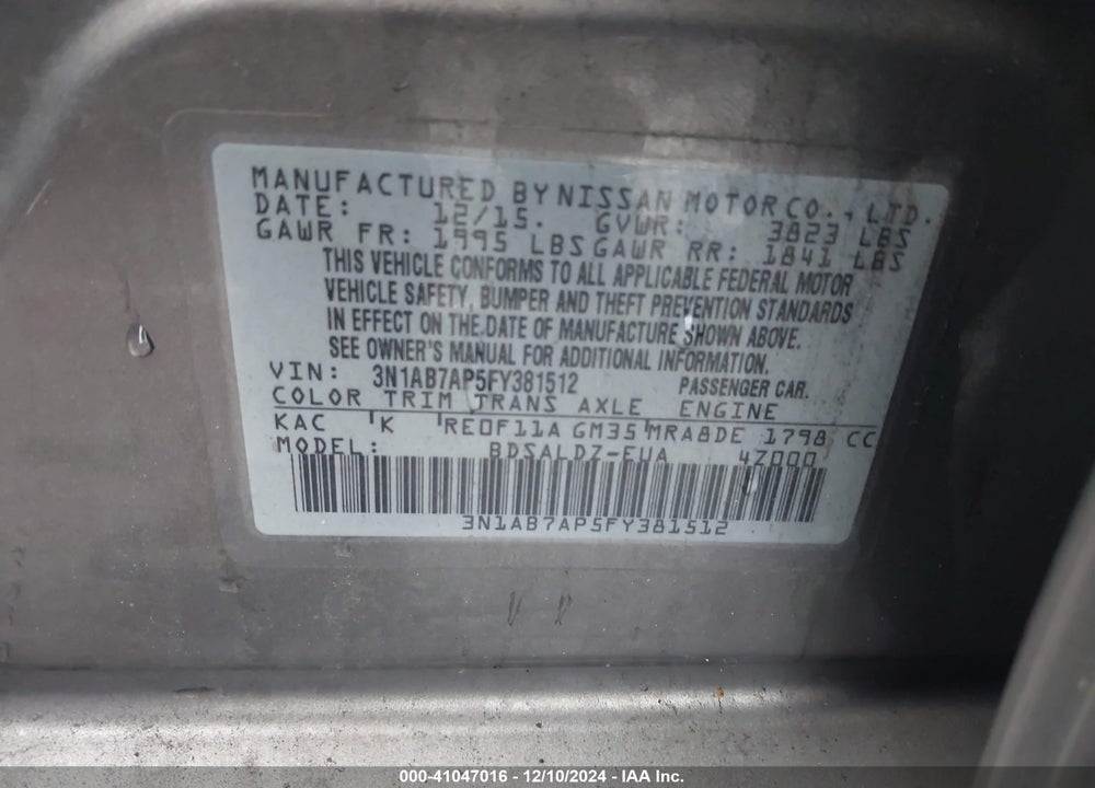 2015 NISSAN SENTRA VIN: 3N1AB7AP5FY381512