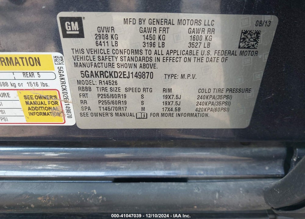 2014 BUICK ENCLAVE PREMIUM VIN: 5GAKRCKD2EJ149870