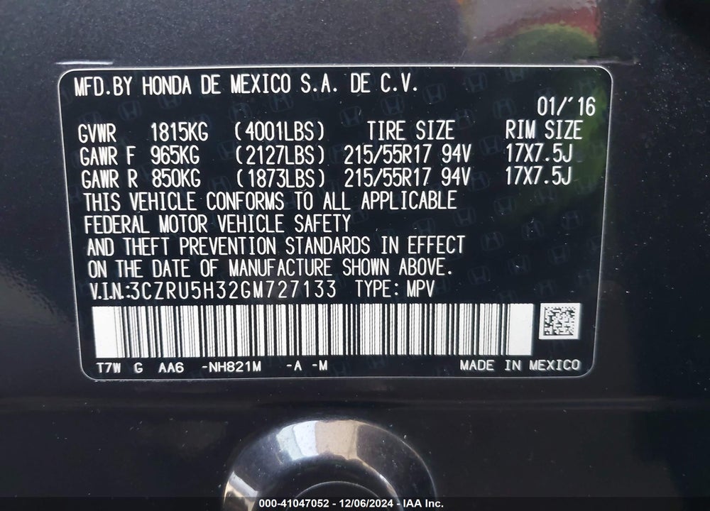 2016 HONDA HR-V LX VIN: 3CZRU5H32GM727133
